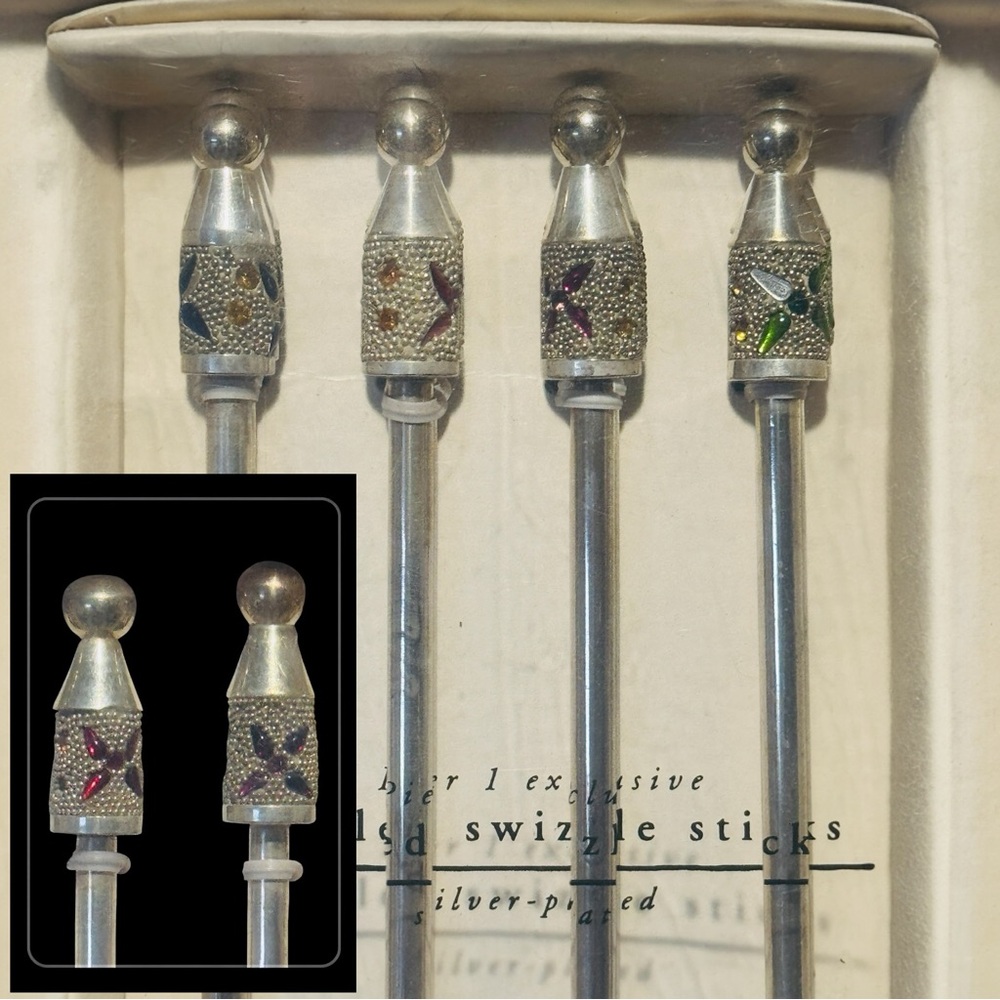 Holiday Party Swizzle Stir Sticks Sets Silver Plated Jeweled Crystals GIFT READY